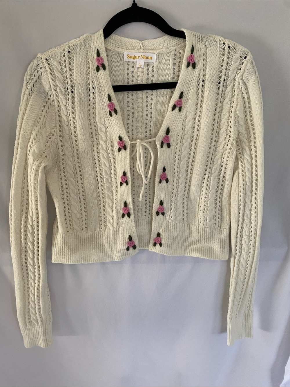 Cottage Style Cream Knit Cardigan with Pink Rose Accents